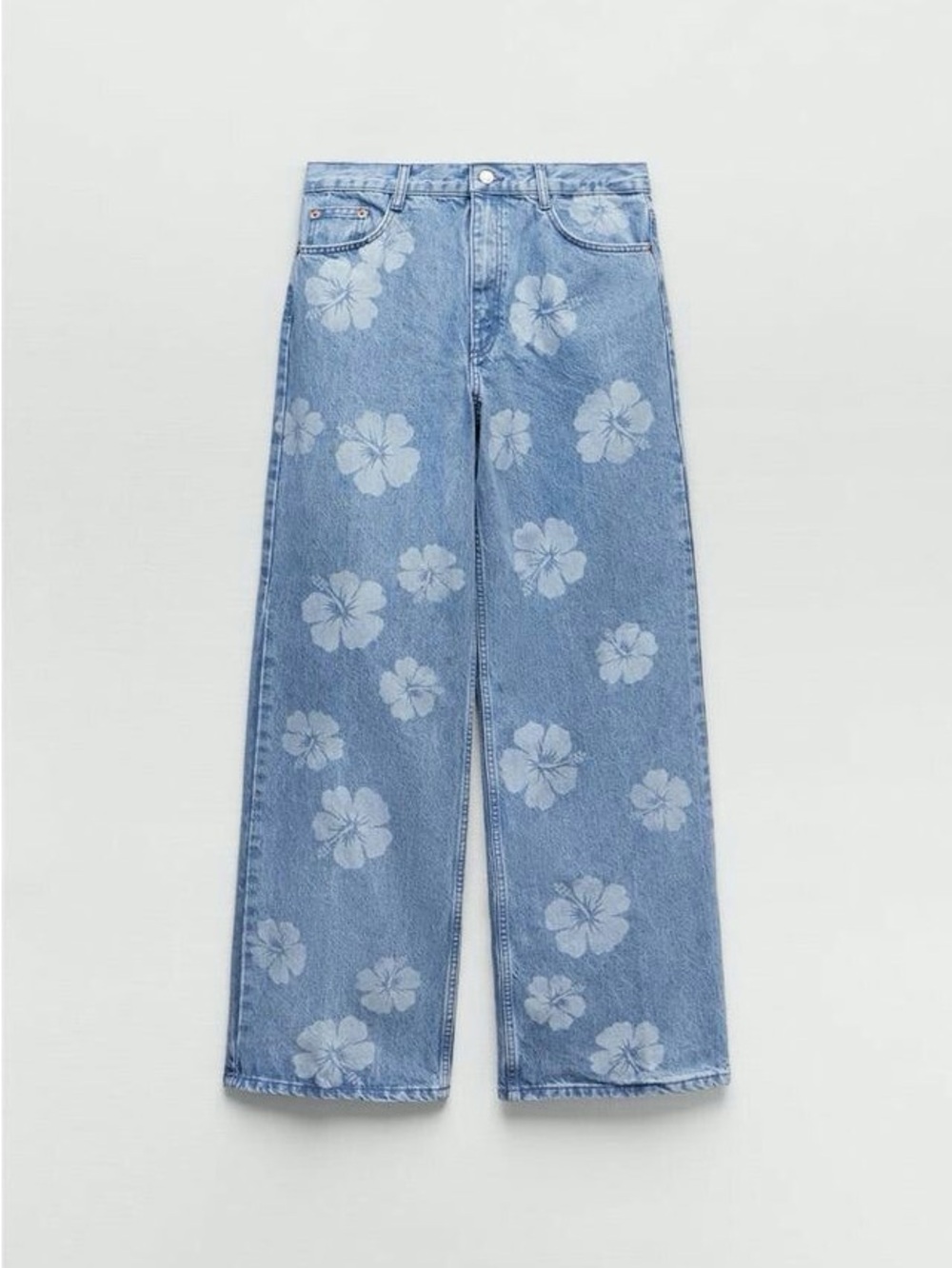 Zara Light Blue Wide-Leg Jeans with White Floral Print Size 4